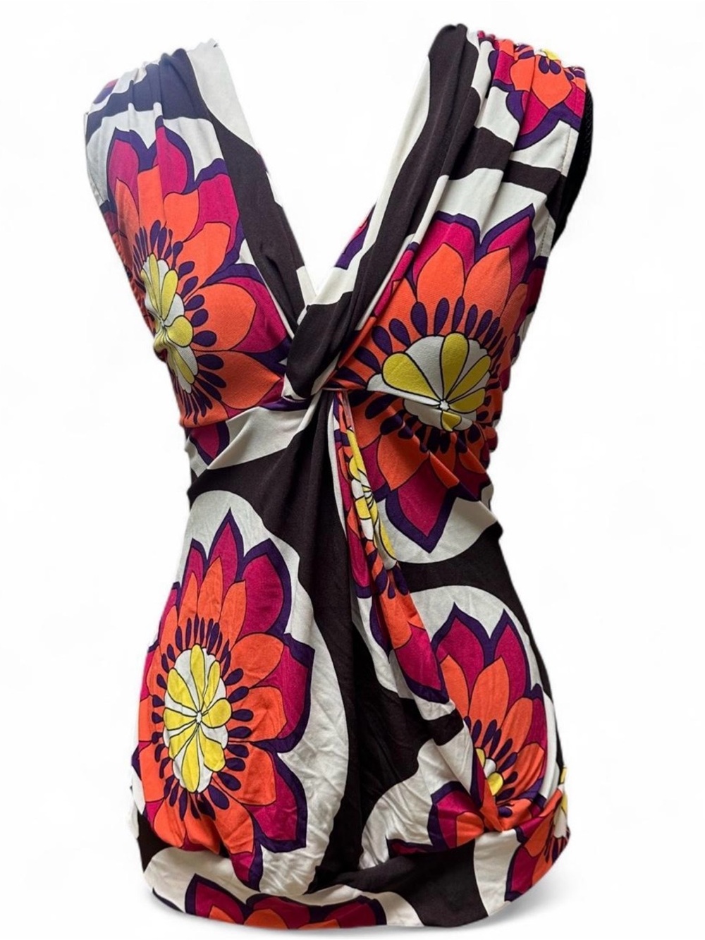 Y2K Psychedelic Floral Twist Front Tunic Top Pink Orange Boho Size XL Fairy Vtg